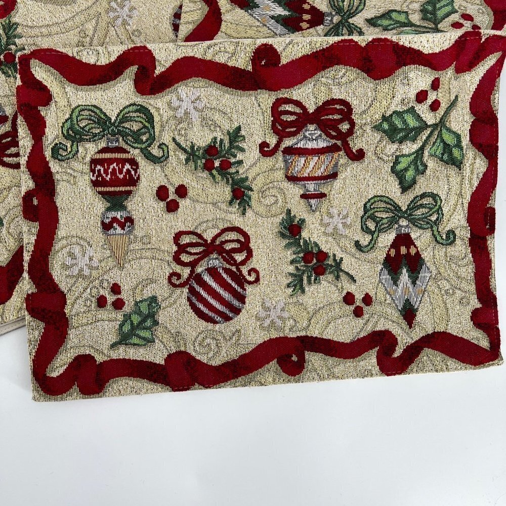 Christmas Bulbs Gold Sparkle Tasseled Runner + 2‎ Placements, NEW